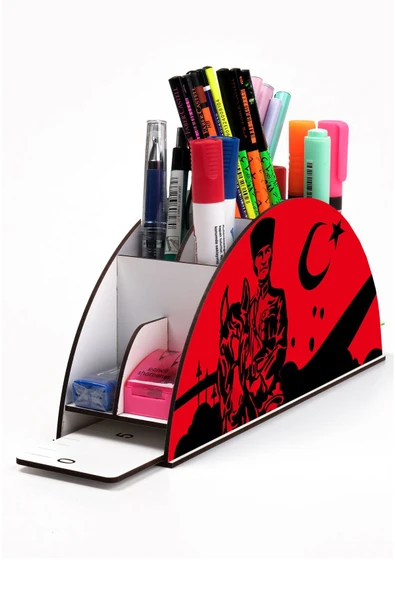 kutuTR Ahşap Vip Atatürk Serisi Model Gökkuşağı Cetvelli Masaüstü Kalemlik Organizer Montajlı Kutulu ürün görseli 1