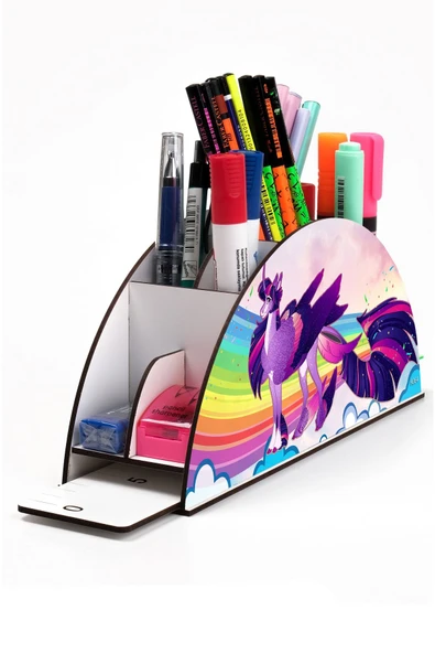 kutuTR Ahşap Vip Unicornserisi Gökkuşağı Cetvelli Masaüstü Kalemlik Çocuklar Için Organizer Montajlı Kutulu ürün görseli 1