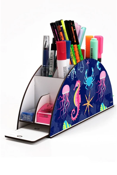 kutuTR Ahşap Vip Deniz Serisi Model Gökkuşağı Cetvelli Masaüstü Kalemlik Organizer Montajlı Kutulu ürün görseli 1