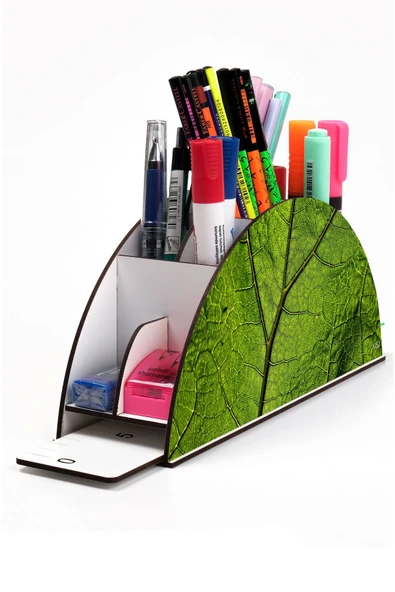 kutuTR Ahşap Vip Yaprak Serisi Gökkuşağı Cetvelli Masaüstü Kalemlik Organizer Montajlı Kutulu ürün görseli 1