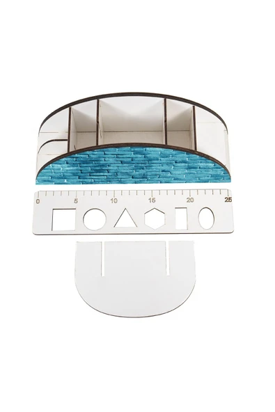 kutuTR Ahşap Vip Pattern Seri Gökkuşağı Cetvelli Masaüstü Kalemlik Organizer Montajlı Kutulu - Resim 4