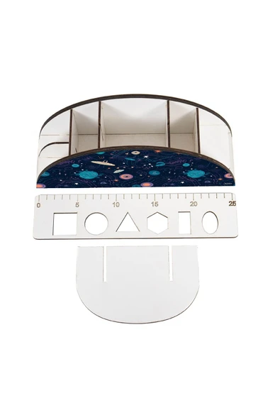 kutuTR Ahşap Vip Uzay Serisi Model Gökkuşağı Cetvelli Masaüstü Kalemlik Organizer Montajlı Kutulu - Resim 4