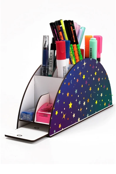 kutuTR Ahşap Vip Gezegen Seri Gökkuşağı Cetvelli Masaüstü Kalemlik Organizer Montajlı Kutulu ürün görseli 1