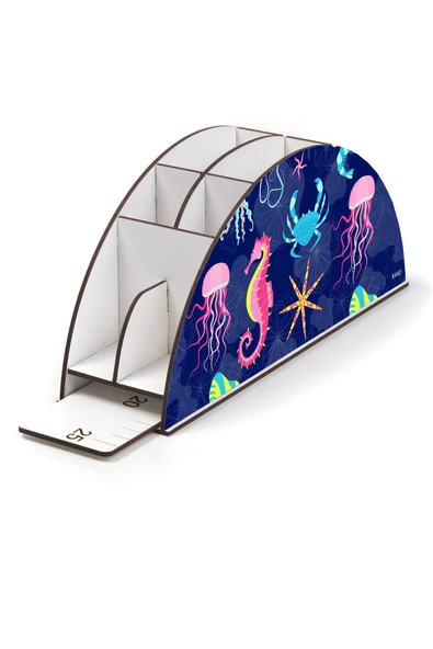 kutuTR Ahşap Vip Deniz Serisi Model Gökkuşağı Cetvelli Masaüstü Kalemlik Organizer Montajlı Kutulu - Resim 3