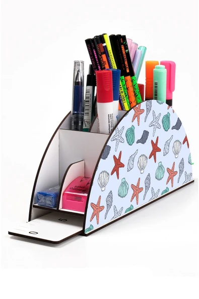 kutuTR Ahşap Vip Deniz Serisi Model Gökkuşağı Cetvelli Masaüstü Kalemlik Organizer Montajlı Kutulu ürün görseli 1