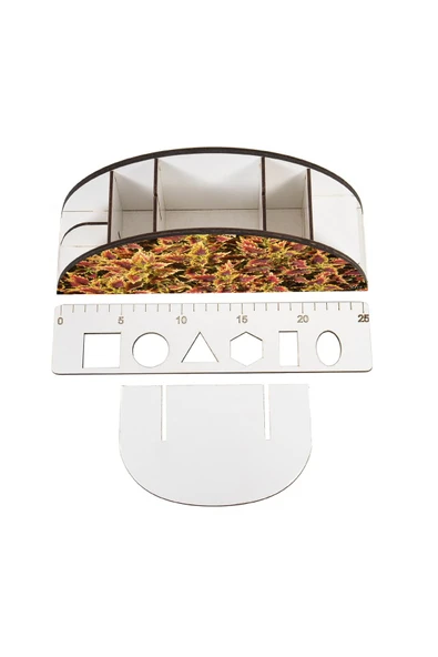 kutuTR Ahşap Vip Yaprak Serisi Gökkuşağı Cetvelli Masaüstü Kalemlik Organizer Montajlı Kutulu - Resim 4