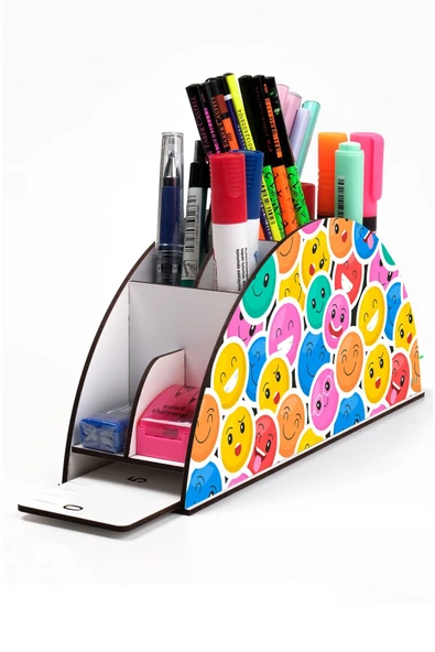 kutuTR Ahşap Vip Emojiler Model Gökkuşağı Cetvelli Masaüstü Kalemlik Organizer Montajlı Kutulu ürün görseli 1