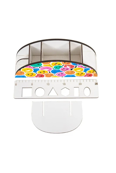 kutuTR Ahşap Vip Emojiler Model Gökkuşağı Cetvelli Masaüstü Kalemlik Organizer Montajlı Kutulu - Resim 4