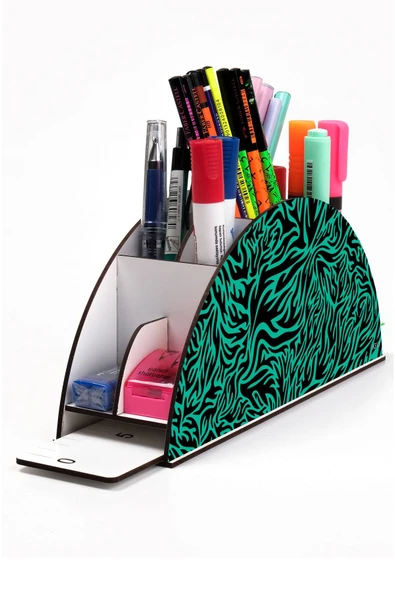 kutuTR Ahşap Vip Dalgalar Gökkuşağı Cetvelli Masaüstü Kalemlik Organizer Montajlı Kutulu ürün görseli 1