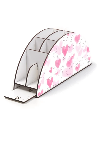 kutuTR Ahşap Vip Kalpler Seri Gökkuşağı Cetvelli Masaüstü Kalemlik Organizer Montajlı Kutulu - Resim 3