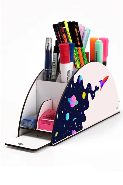 kutuTR Ahşap Vip Galaksi Model Gökkuşağı Cetvelli Masaüstü Kalemlik Organizer Montajlı Kutulu ürün görseli 1