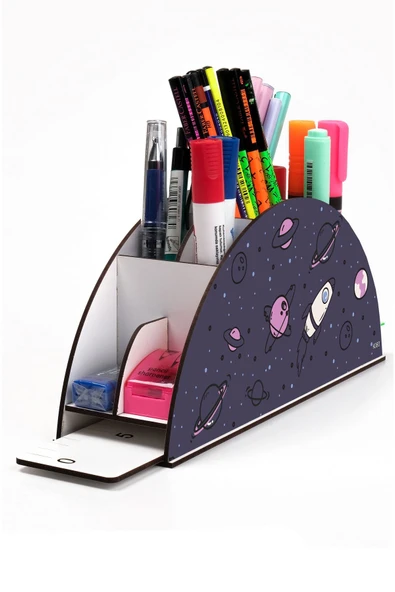 kutuTR Ahşap Vip Uzay Serisi Model Gökkuşağı Cetvelli Masaüstü Kalemlik Organizer Montajlı Kutulu ürün görseli 1