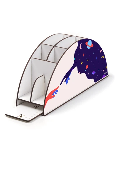 kutuTR Ahşap Vip Astronot Ve Uzay Gökkuşağı Cetvelli Masaüstü Kalemlik Organizer Montajlı Kutulu ürün görseli 1