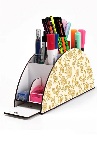 kutuTR Ahşap Vip Renkli Çiçekler Gökkuşağı Cetvelli Masaüstü Kalemlik Organizer Montajlı Kutulu ürün görseli 1