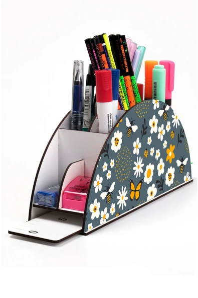 kutuTR Ahşap Vip Papatyalar Model Gökkuşağı Cetvelli Masaüstü Kalemlik Organizer Montajlı Kutulu ürün görseli 1