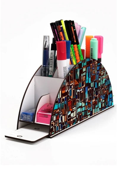 kutuTR Ahşap Vip Dalgalar Gökkuşağı Cetvelli Masaüstü Kalemlik Organizer Montajlı Kutulu ürün görseli 1