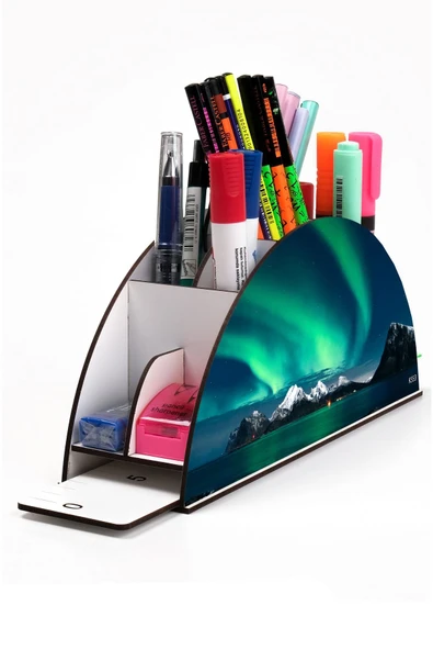 kutuTR Ahşap Vip Galaksi Model Gökkuşağı Cetvelli Masaüstü Kalemlik Organizer Montajlı Kutulu ürün görseli 1