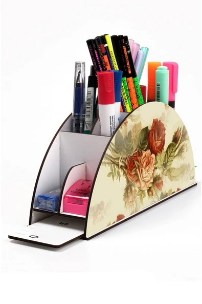 kutuTR Ahşap Vip Gül Serisi Gökkuşağı Cetvelli Masaüstü Kalemlik Organizer Montajlı Kutulu ürün görseli 1