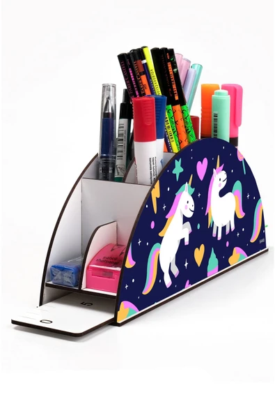 kutuTR Ahşap Vip Unicornlar Model Gökkuşağı Cetvelli Masaüstü Kalemlik Organizer Montajlı Kutulu ürün görseli 1