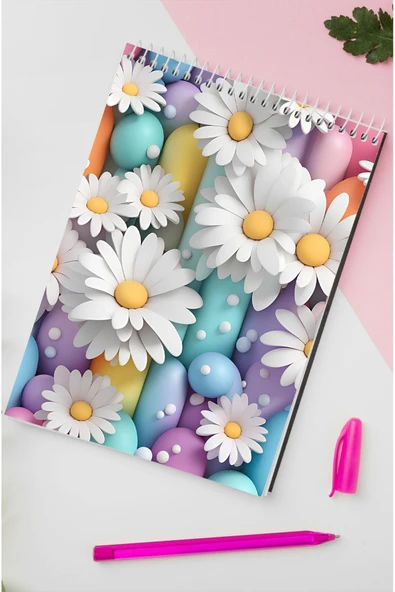 kutuTR Papatya Desenli Ahşap Mdf Kapaklı 80 Yaprak Çizgili 14x21 Vip Bloknot 70gr/m2 Ç-OB04