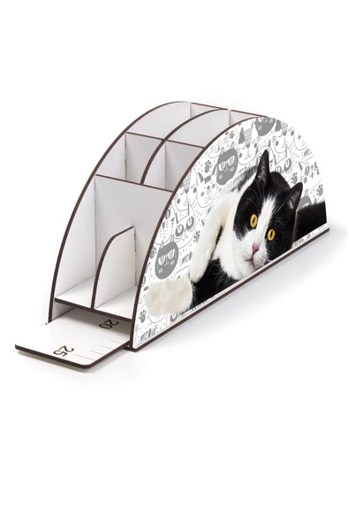 Notpa Ahşap Vip Siyah Beyaz Kedi Gökkuşağı Cetvelli Masaüstü Kalemlik Organizer Vip125 - Resim 3
