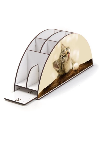 Notpa Ahşap Vip Kedi Gökkuşağı Cetvelli Masaüstü Kalemlik Organizer Vip123 - Resim 3