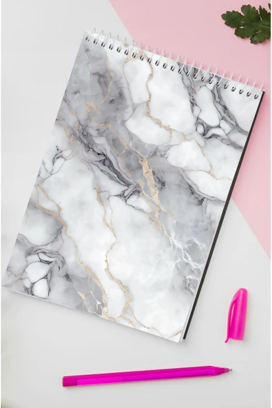 kutuTR Mermer Desenli Ahşap Mdf Kapaklı 80 Yaprak Çizgili 14x21 Vip Bloknot 70gr/m2 Ç-OB14 - Resim 5