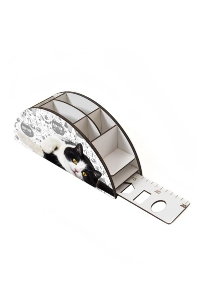 Notpa Ahşap Vip Siyah Beyaz Kedi Gökkuşağı Cetvelli Masaüstü Kalemlik Organizer Vip125 - Resim 4