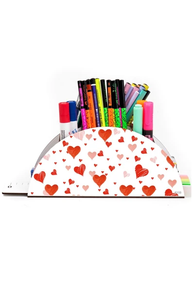 Notpa Ahşap Vip Kırmızı Kalpler Gökkuşağı Cetvelli Masaüstü Kalemlik Organizer Vip155 - Resim 2