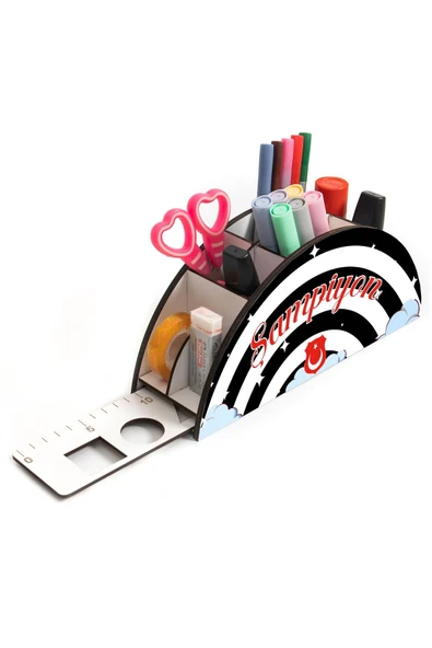 kutuTR Ahşap Vip Spor Serisi Gökkuşağı Cetvelli Masaüstü Kalemlik Organizer Montajlı Kutulu ürün görseli 1