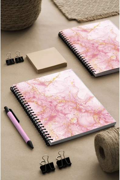 kutuTR Pembe Mermer Desenli Ahşap Mdf Kapaklı 100 Yaprak Çizgili 15x21 Vip Modelist Defter 80gr/m2 Ç515
