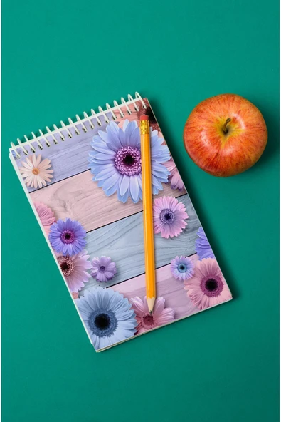 kutuTR MAvi ve Pembe Çiçek Desenli Ahşap Mdf Kapaklı 80 Yaprak Çizgili 14x21 Vip Bloknot 70gr/m2 Ç-OB03
