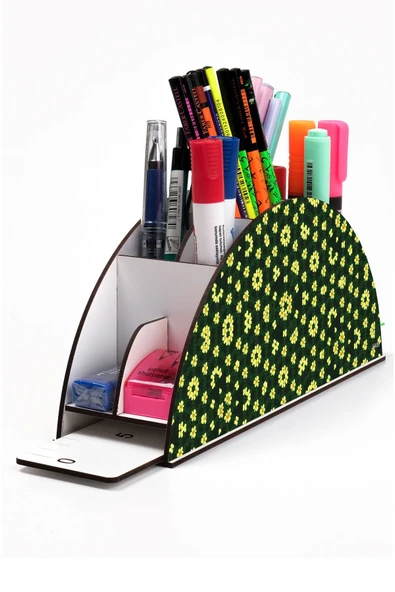 kutuTR Ahşap Vip Papatya Seri Gökkuşağı Cetvelli Masaüstü Kalemlik Organizer Montajlı Kutulu ürün görseli 1