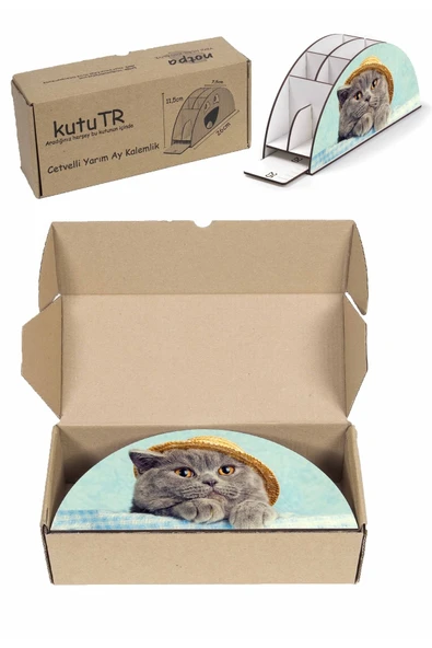 Notpa Ahşap Vip Şapkalı Kedi Gökkuşağı Cetvelli Masaüstü Kalemlik Organizer Vip124 - Resim 8