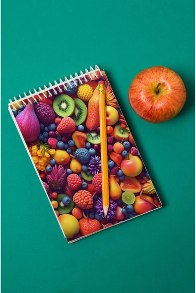 kutuTR Meyveler Desenli Ahşap Mdf Kapaklı 80 Yaprak Çizgili 14x21 Vip Bloknot 70gr/m2 Ç-OB07 - Resim 4