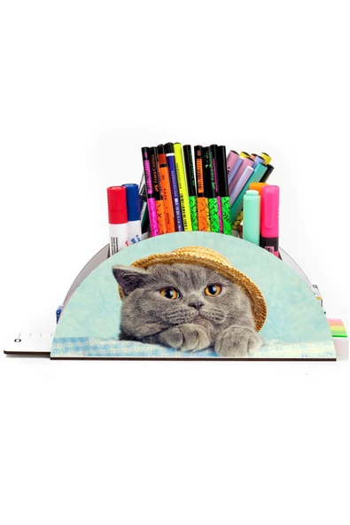 Notpa Ahşap Vip Şapkalı Kedi Gökkuşağı Cetvelli Masaüstü Kalemlik Organizer Vip124 - Resim 2