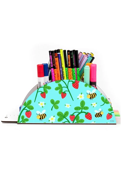 kutuTR Ahşap Vip Çiçek Serisi Gökkuşağı Cetvelli Masaüstü Kalemlik Organizer Montajlı Kutulu ürün görseli 1