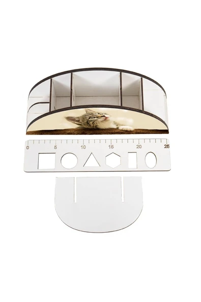 Notpa Ahşap Vip Kedi Gökkuşağı Cetvelli Masaüstü Kalemlik Organizer Vip123 - Resim 4