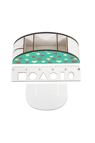 kutuTR Ahşap Vip Kalpler Seri Gökkuşağı Cetvelli Masaüstü Kalemlik Organizer Montajlı Kutulu - Resim 4