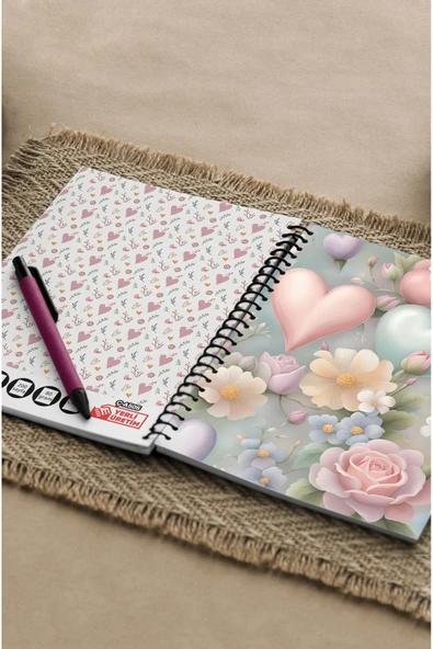 kutuTR Kalp ve Gül Desenli Ahşap Mdf Kapaklı 100 Yaprak Kareli 14x21 Vip Modelist  Defter 80gr/m2 K505 - Resim 6