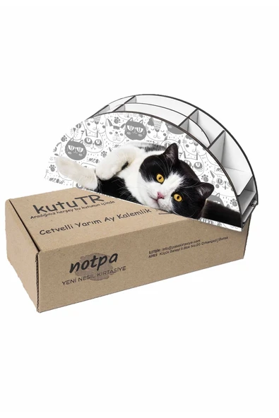 Notpa Ahşap Vip Siyah Beyaz Kedi Gökkuşağı Cetvelli Masaüstü Kalemlik Organizer Vip125 - Resim 6