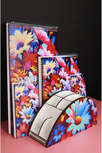 kutuTR Çiçek Desen Organizer ve Ahşap Mdf Kapaklı 5'li Defter Seti  (3 Bloknot 2 Modelist Defter) - 3