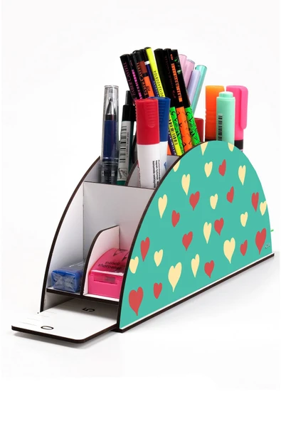 kutuTR Ahşap Vip Kalpler Seri Gökkuşağı Cetvelli Masaüstü Kalemlik Organizer Montajlı Kutulu ürün görseli 1
