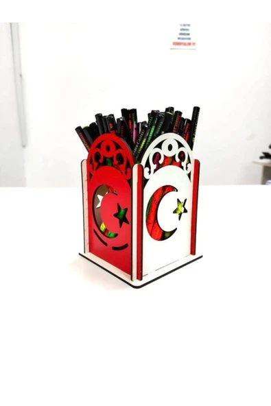 Notpa Ay Yıldız Desenli Kırmızı Beyaz Ahşap Masaüstü Kalemlik Organizer Montajı Yapılmış Ürün ürün görseli 1