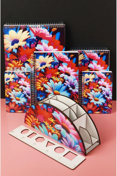 kutuTR Çiçek Desen Organizer ve Ahşap Mdf Kapaklı 5'li Defter Seti  (3 Bloknot 2 Modelist Defter) - 4