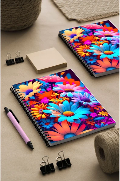 kutuTR Çiçekler Desen Ahşap Mdf Kapaklı 100 Yaprak Çizgili 15x21 Vip Modelist Defter 80gr/m2 Ç506
