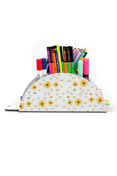 kutuTR Ahşap Vip Papatya Seri Gökkuşağı Cetvelli Masaüstü Kalemlik Organizer Montajlı Kutulu - Resim 2