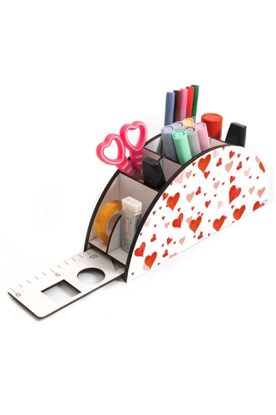 Notpa Ahşap Vip Kırmızı Kalpler Gökkuşağı Cetvelli Masaüstü Kalemlik Organizer Vip155 ürün görseli 1