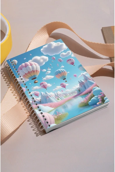 kutuTR Uçan Balon Desenli Ahşap Mdf Kapaklı 100 Yaprak Kareli 15x21 Vip Modelist Defter 80gr/m2 K502
