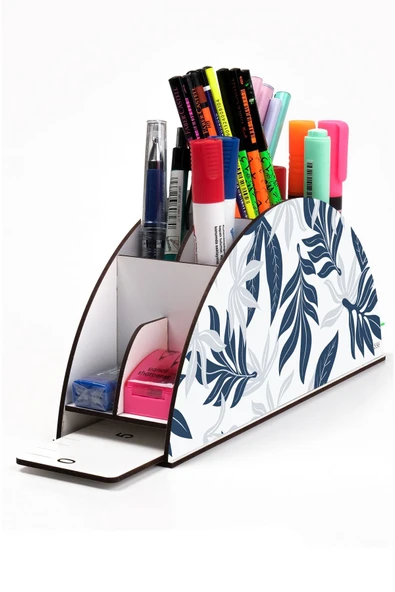 kutuTR Ahşap Vip Yaprak Serisi Gökkuşağı Cetvelli Masaüstü Kalemlik Organizer Montajlı Kutulu ürün görseli 1